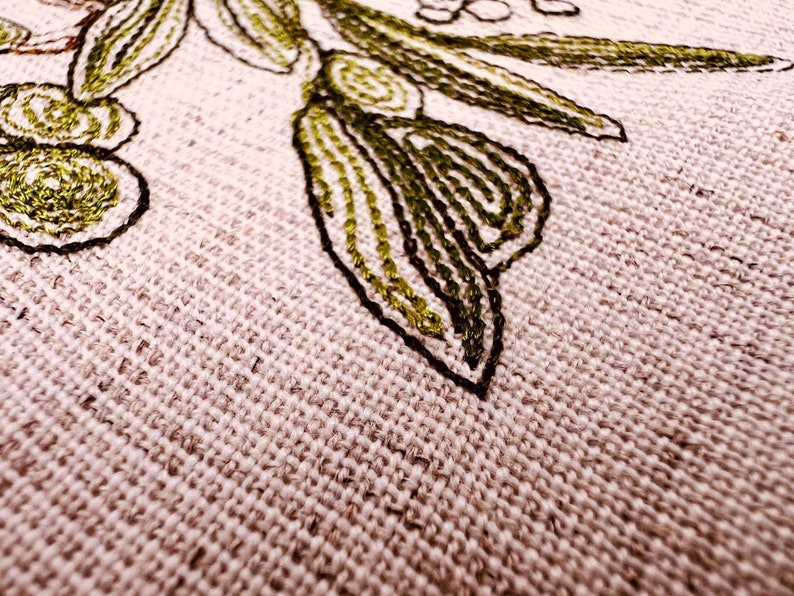 May include: Close-up of a beige fabric with green embroidery of a leafy branch with small green circles. The embroidery is detailed and intricate.