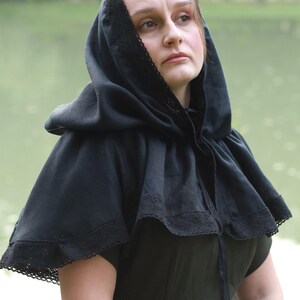Black linen hooded capelet with lace trim, Victorian cottagecore hood shawl, Modest head covering, Renaissance costume cloak wrap