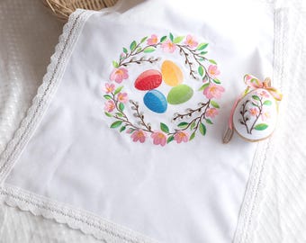 Embroidered Easter Basket Cover and Egg Set, Floral Wreath Pascha Linen, Slavic Holiday Decor