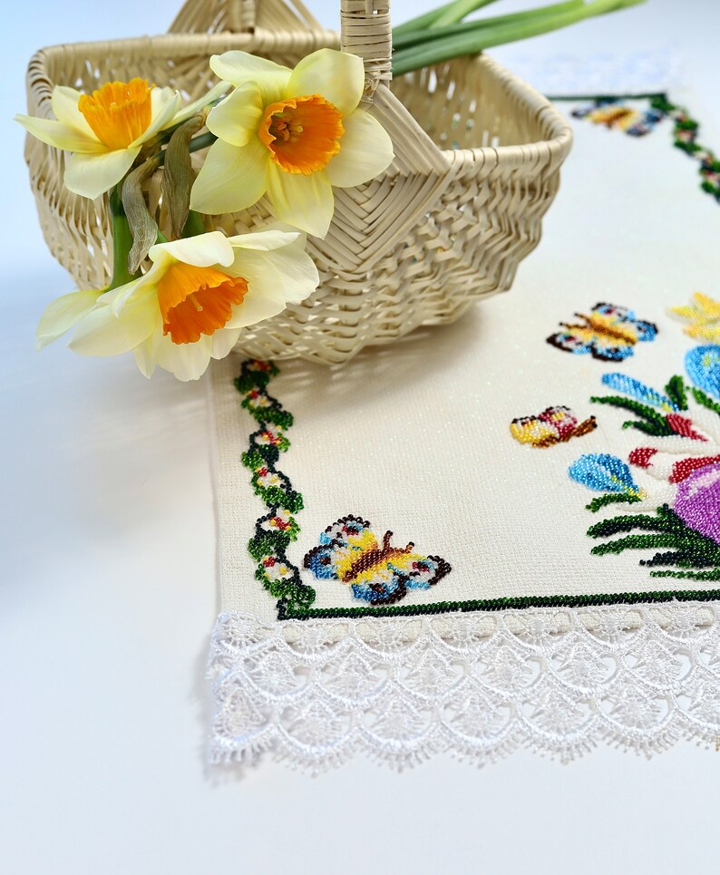 Hand Beaded Spring Basket Cover with Floral and Chick Design, Decorative Linen-Style Basket Liner