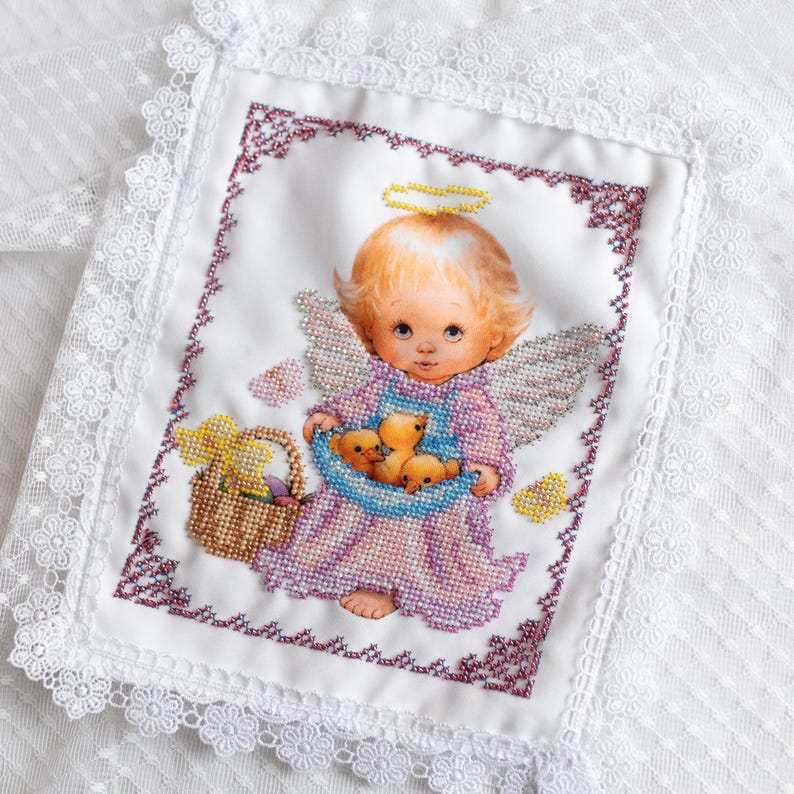 Easter Basket cover with beaded angel design