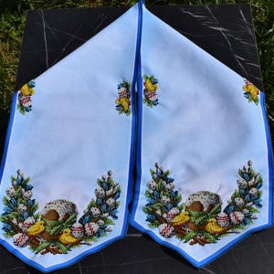 Easter table runner, Blue pascha beaded embroidery with kulich, Pysanky eggs, Pussy willows & chicks, Orthodox spring decor