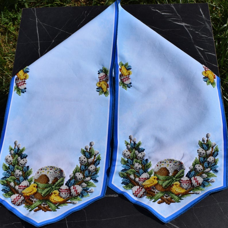 Easter table runner, Blue pascha beaded embroidery with kulich, Pysanky eggs, Pussy willows & chicks, Orthodox spring decor