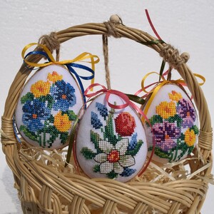 Set of 3 embroidered Easter egg ornaments with colorful floral designs
