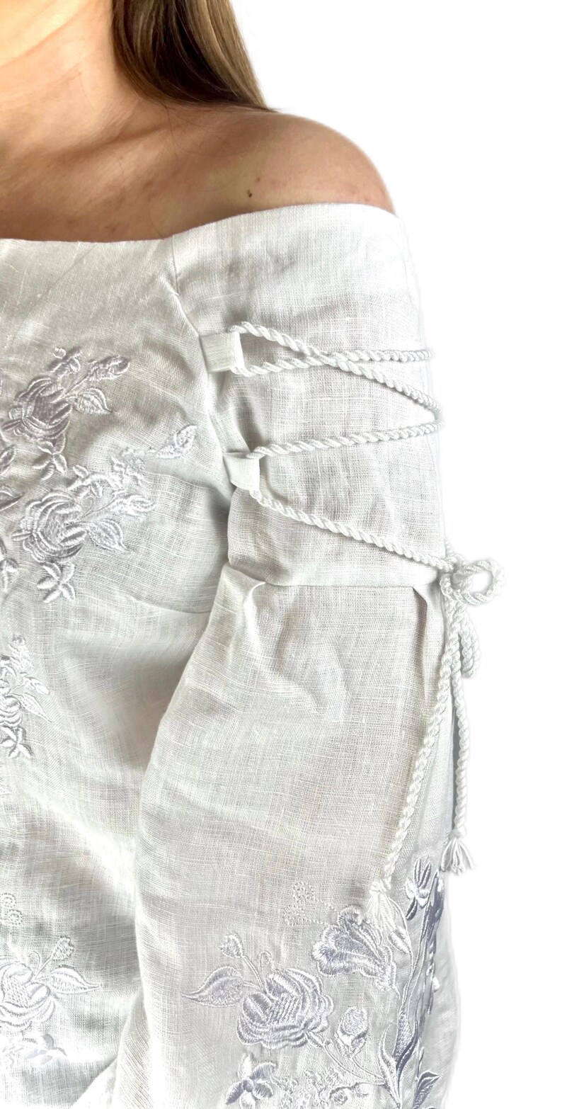 White Linen Embroidered Blouse, Ukrainian Vyshyvanka Top, Boho Off Shoulder Shirt, Floral White on White vyshyvanka
