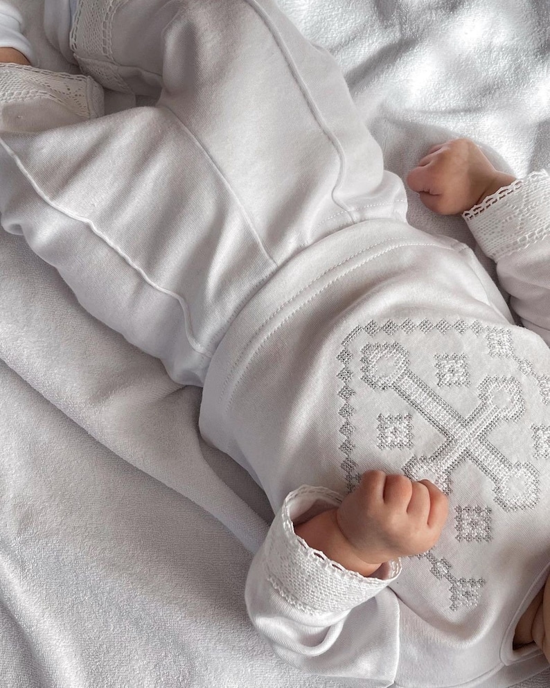 Baby Boy Baptism Outfit Winter, Christening Romper With Cross Embroidery, White Boy Footed