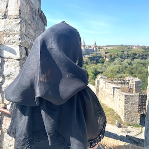 Black chapel veil mantilla snood with crochet lace trim, Modest head covering for orthodox church, Catholic mass, Funeral or prayer shawl