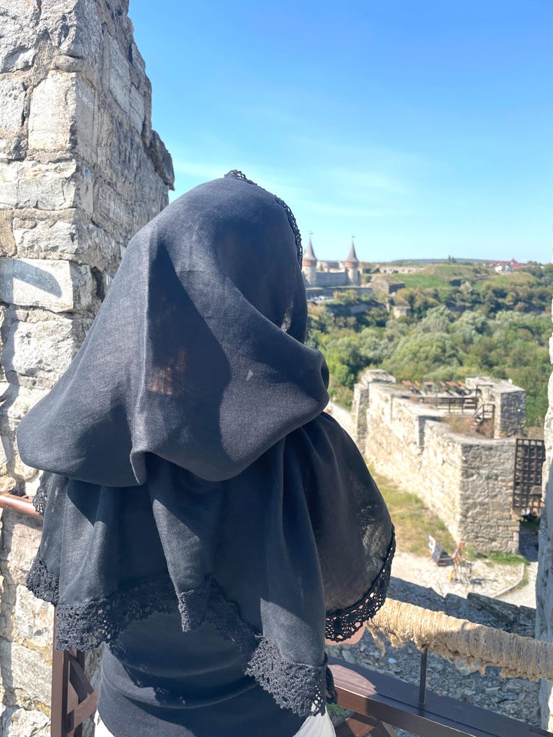 Black chapel veil mantilla snood with crochet lace trim, Modest head covering for orthodox church, Catholic mass, Funeral or prayer shawl