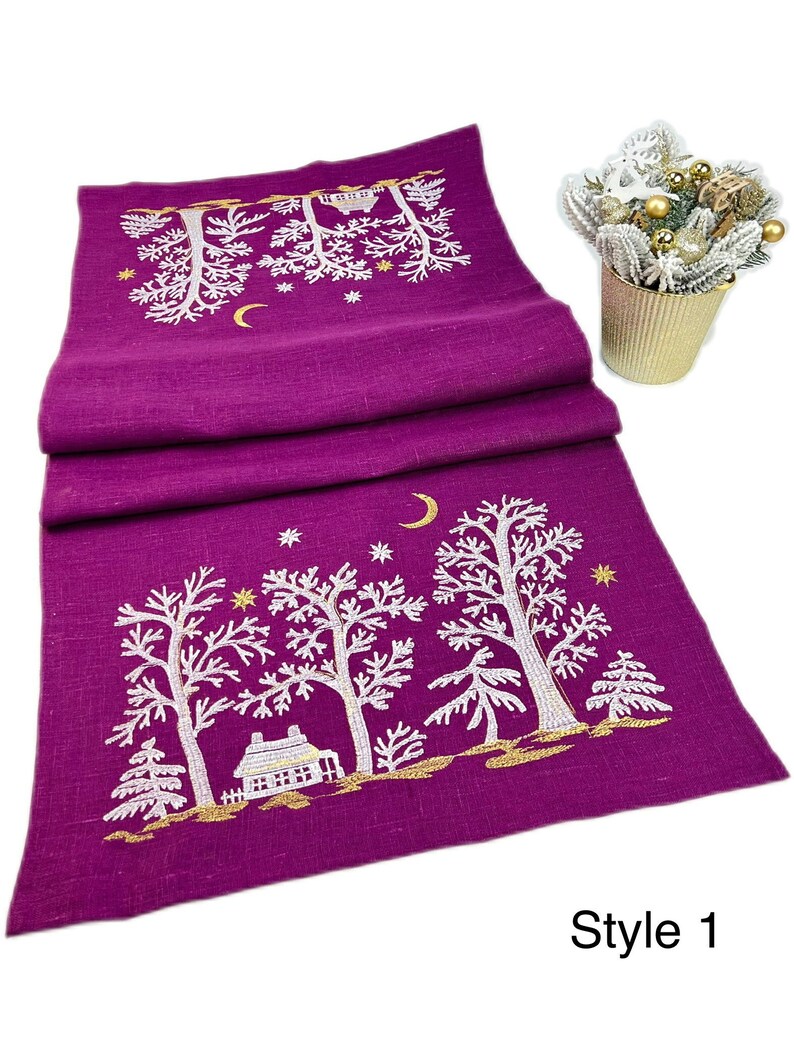 Magenta Linen Table Runner with Winter Cottage Moon Embroidery, Christmas Table Center Topper, Handmade Holiday Dining Decor Gift Accent