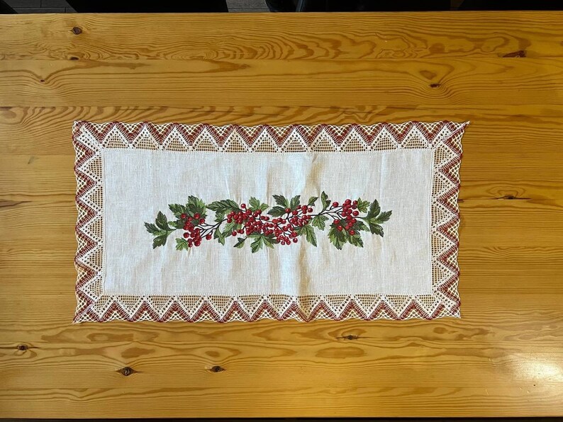 Linen Table Runner with Embroidered Red Berries and Crochet Lace