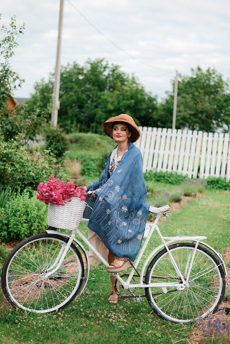 Blue linen embroidered wildflower scarf shawl – Lightweight boho wrap for women, Botanical meadow dandelion pattern head covering scarf