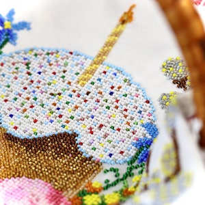 May include: Close-up of a white fabric with a beaded design of a cupcake with a lit candle. The cupcake has a brown base and white frosting with colourful sprinkles. Blue and yellow flowers are also beaded.