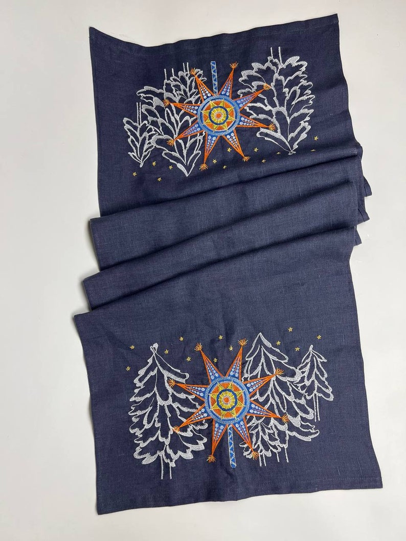 Embroidered linen Christmas table runner