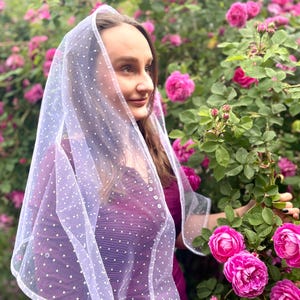 Elegant white polka dot tulle head scarf for women