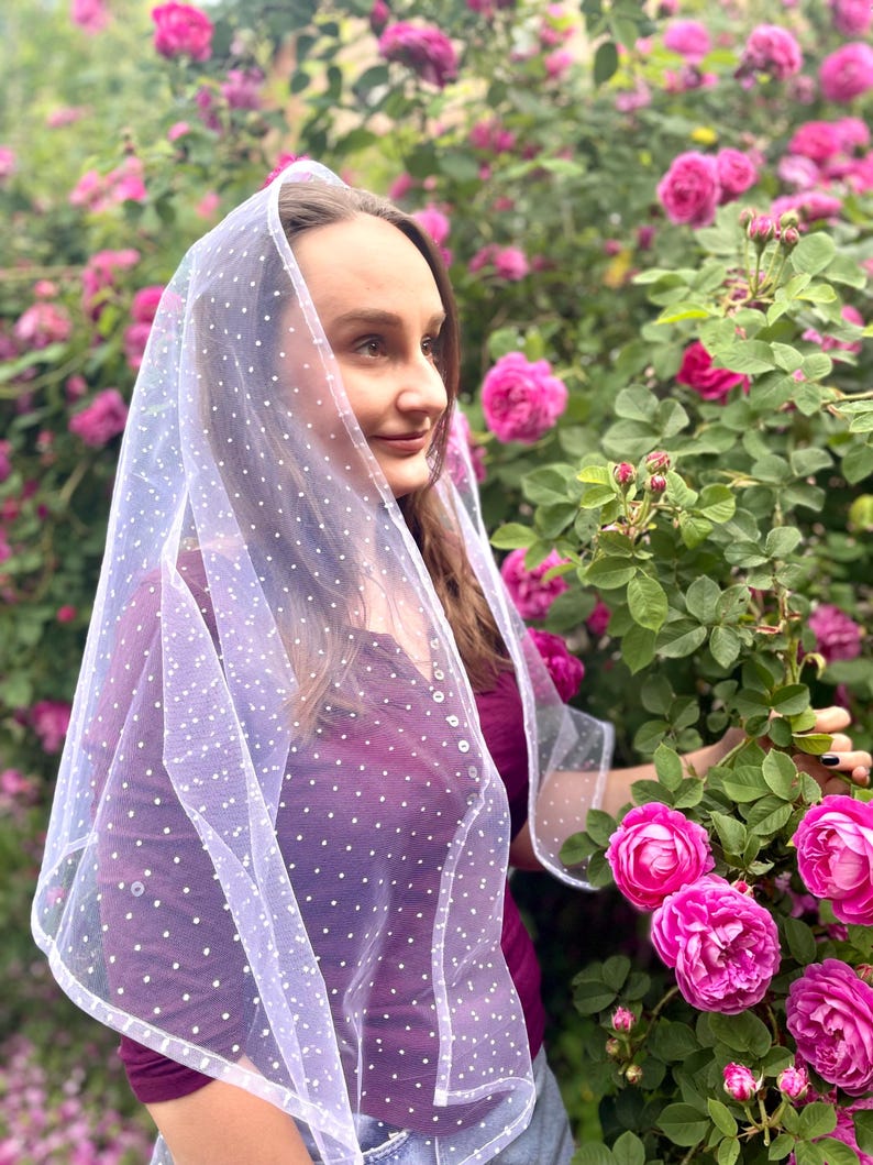 Elegant white polka dot tulle head scarf for women