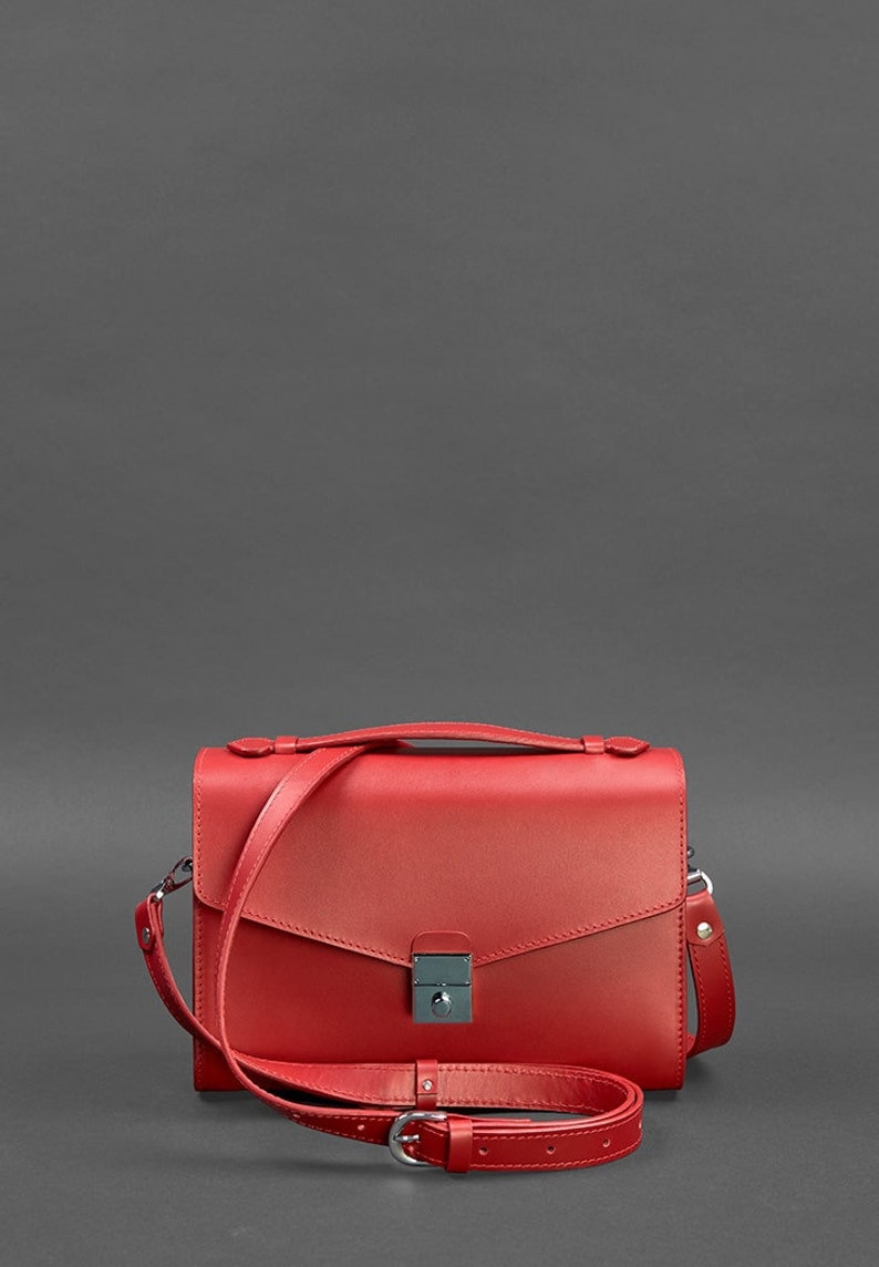 Red Leather Top Handle Bag with Silver Lock Elegant Structured Handbag for Women Classic Shoulder or Clutch Purse Gift