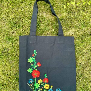 Black Canvas Tote Bag with Colorful Wildflower Embroidery, Reusable Shoulder Shopping Bag, Eco Friendly Floral Gift Purse for Her Handmade