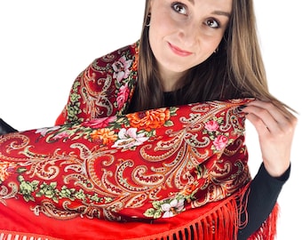 Ukrainian red wool scarf, Boho floral print shawl, Vintage ethnic folk scarf, Large slavic botanical shawl with fringe, Oversized shawl