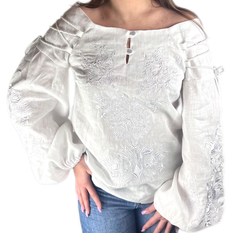 White Linen Embroidered Blouse, Ukrainian Vyshyvanka Top, Boho Off Shoulder Shirt, Floral White on White vyshyvanka