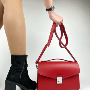 Red Leather Top Handle Bag with Silver Lock Elegant Structured Handbag for Women Classic Shoulder or Clutch Purse Gift