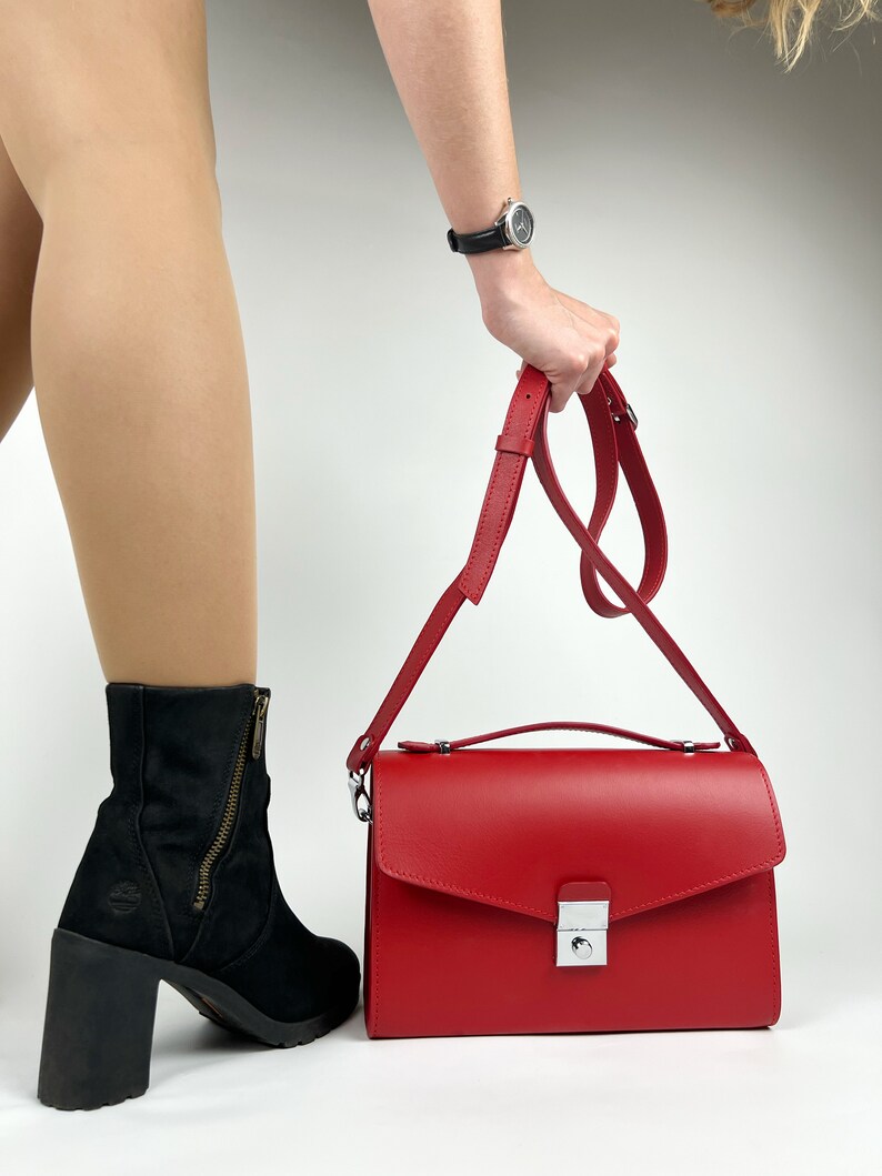 Red Leather Top Handle Bag with Silver Lock Elegant Structured Handbag for Women Classic Shoulder or Clutch Purse Gift
