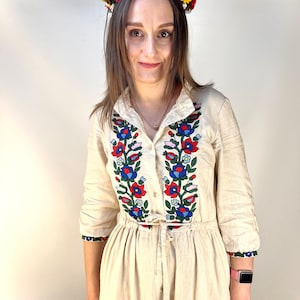Beige linen dress with wildflowers embroidery, Working summer dress,  Handmade clothing, Dress with pockets, Midi dress, 3/4 sleeve dress
