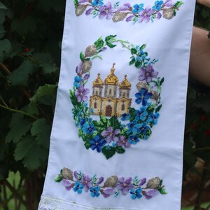 Finished Beaded Easter Towel with Church, Ukrainian Religious Embroidery, Handmade Bead Embroidery Cloth, Christian Easter Decor