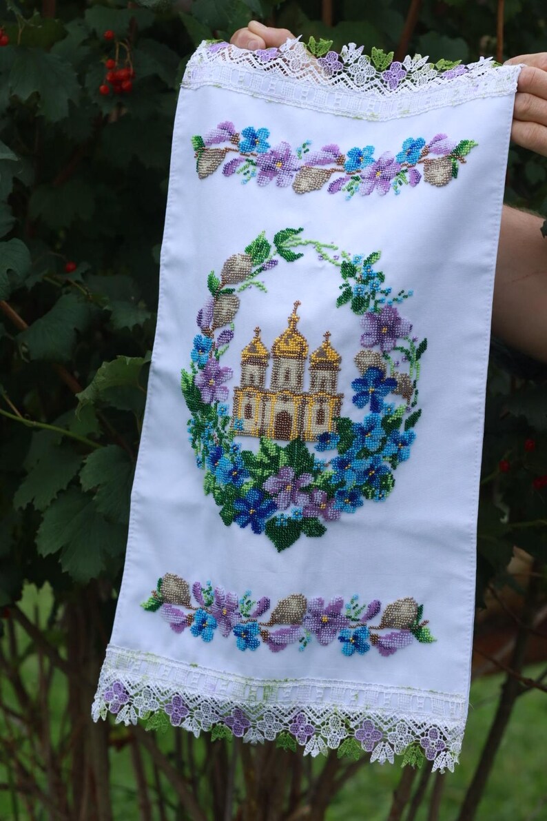 Finished Beaded Easter Towel with Church, Ukrainian Religious Embroidery, Handmade Bead Embroidery Cloth, Christian Easter Decor