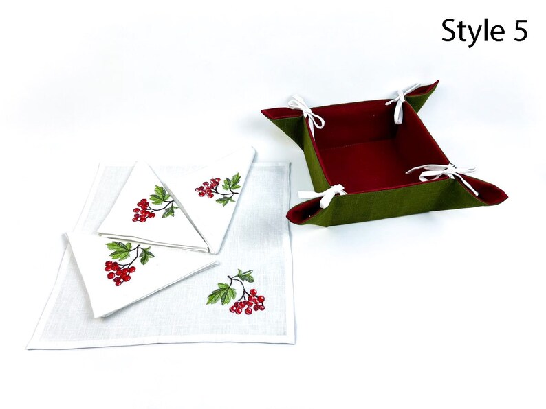 Embroidered Linen Napkins Set with Bread Basket