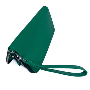 Green Leather Zip Around Wallet with Wristlet Strap for Women