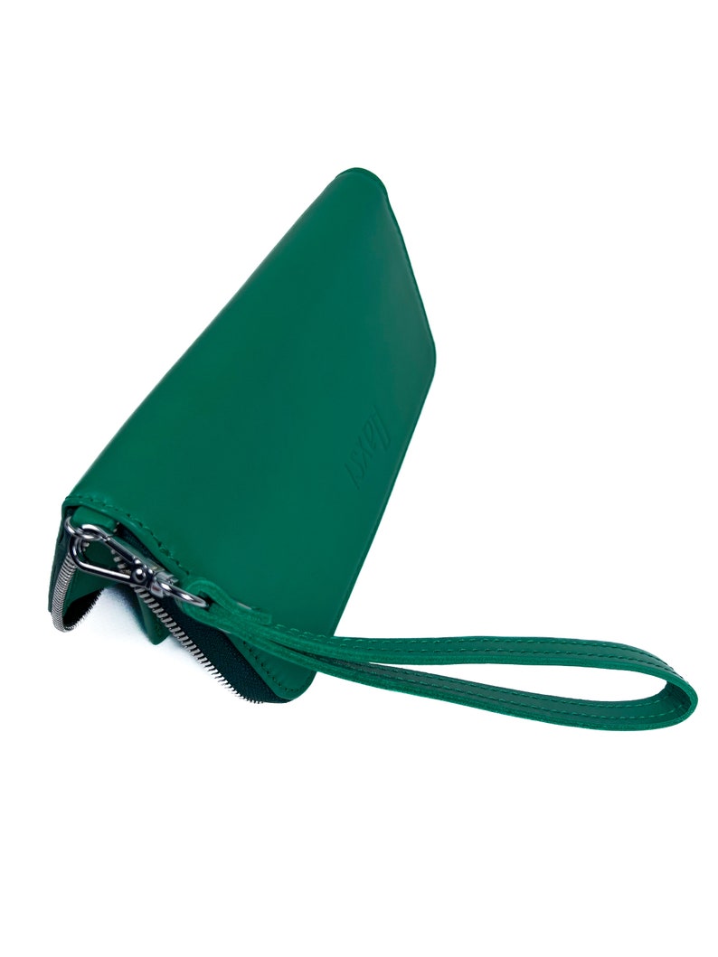 Green Leather Zip Around Wallet with Wristlet Strap for Women