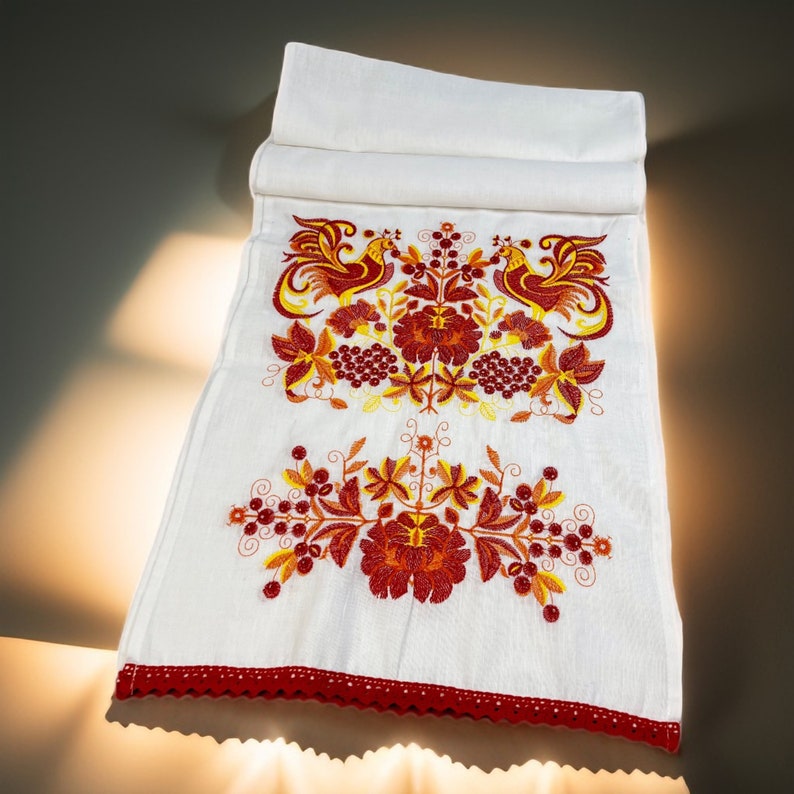 Traditional Ukrainian Rushnyk, Embroidered Linen Ritual Towel with Folk Birds and Floral Motifs, Red Crochet Edge