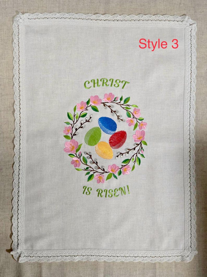 Embroidered Easter Basket Cover and Egg Set, Floral Wreath Pascha Linen, Slavic Holiday Decor Cover Style 3