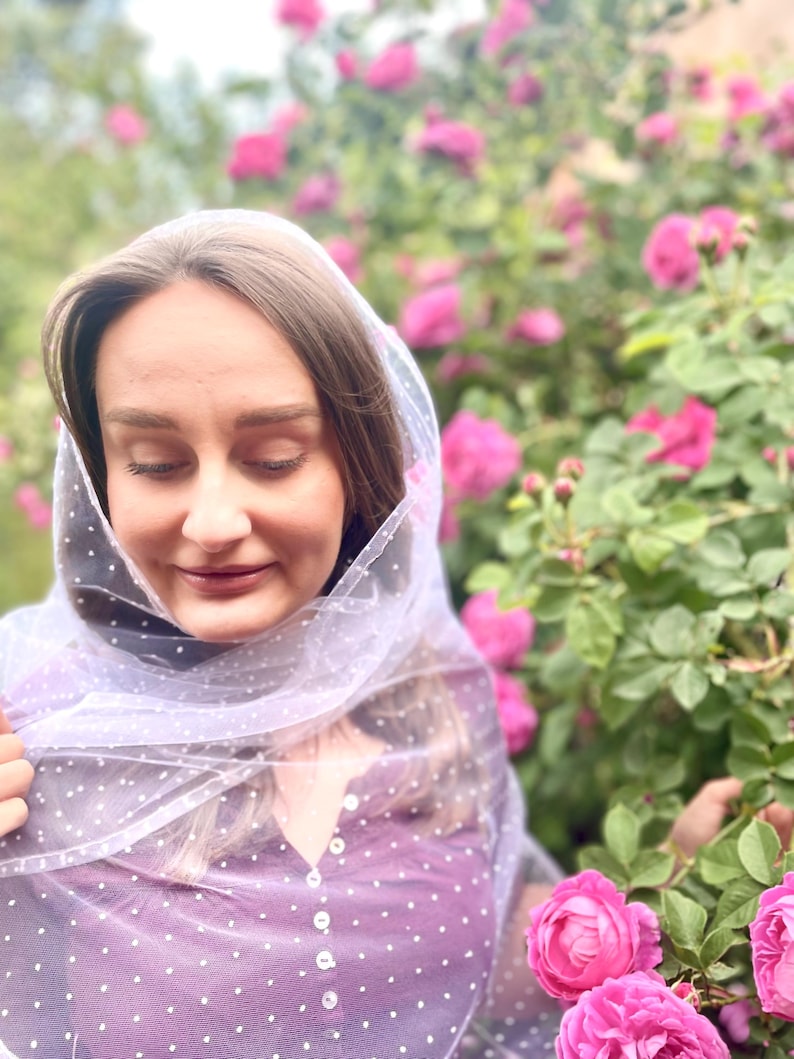 Elegant white polka dot tulle head scarf for women