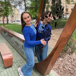 Blue long sleeve shirt with Ukrainian folk embroidery print, Floral slavic design top, Comfortable casual blouse with traditional motifs