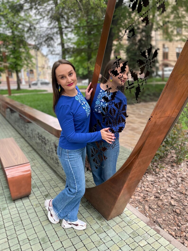 Blue long sleeve shirt with Ukrainian folk embroidery print, Floral slavic design top, Comfortable casual blouse with traditional motifs