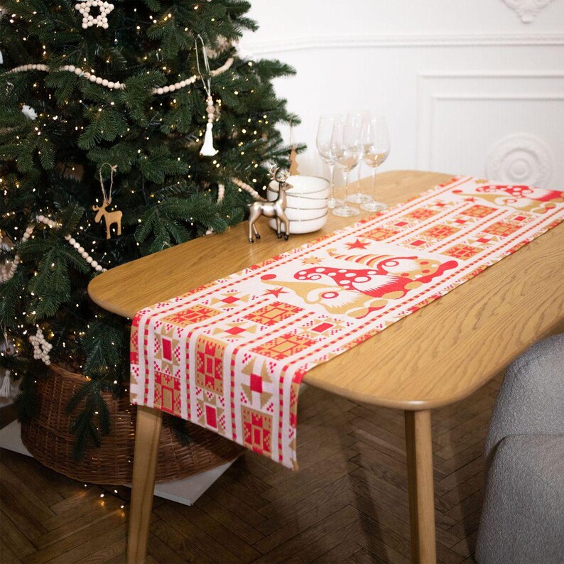 Christmas table runner with three scandinavian gnomes, Red and yelllow nordic holiday dining decor, Cotton long table topper
