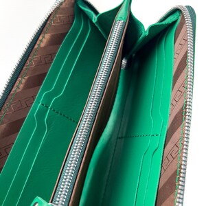 Green Leather Zip Around Wallet with Wristlet Strap for Women