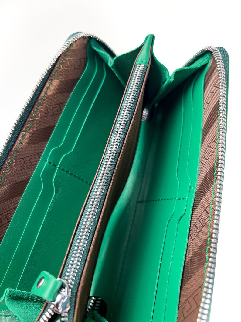 Green Leather Zip Around Wallet with Wristlet Strap for Women
