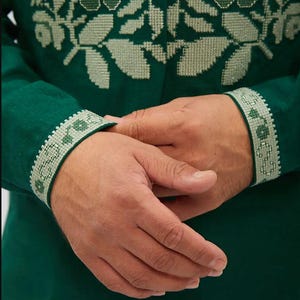 Men’s Green Ukrainian Embroidered Vyshyvanka Shirt, Long Sleeve Linen Folk Top with Light Green Floral Pattern, Tassel Tie Collar and Cuffs