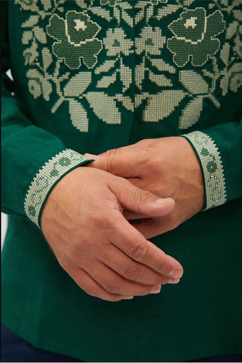 Men’s Green Ukrainian Embroidered Vyshyvanka Shirt, Long Sleeve Linen Folk Top with Light Green Floral Pattern, Tassel Tie Collar and Cuffs