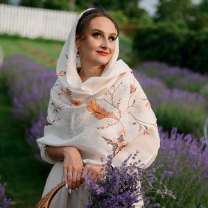 Ivory Linen Embroidered Scarf with Autumn Leaves – Lightweight Floral Shawl Wrap for Women, Modest Head Covering for Prayer or Fall
