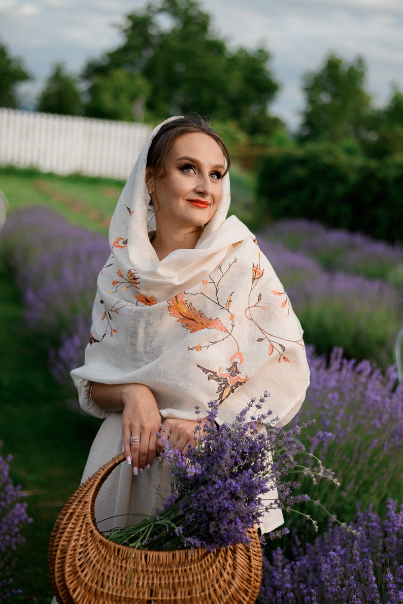 Ivory Linen Embroidered Scarf with Autumn Leaves – Lightweight Floral Shawl Wrap for Women, Modest Head Covering for Prayer or Fall