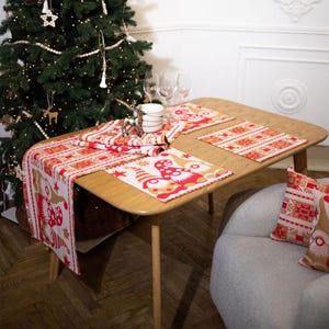 Set of 2 christmas cloth napkins with red yellow scandinavian gnomes, Reusable holiday dinner napkins, Nordic table linens festive decor