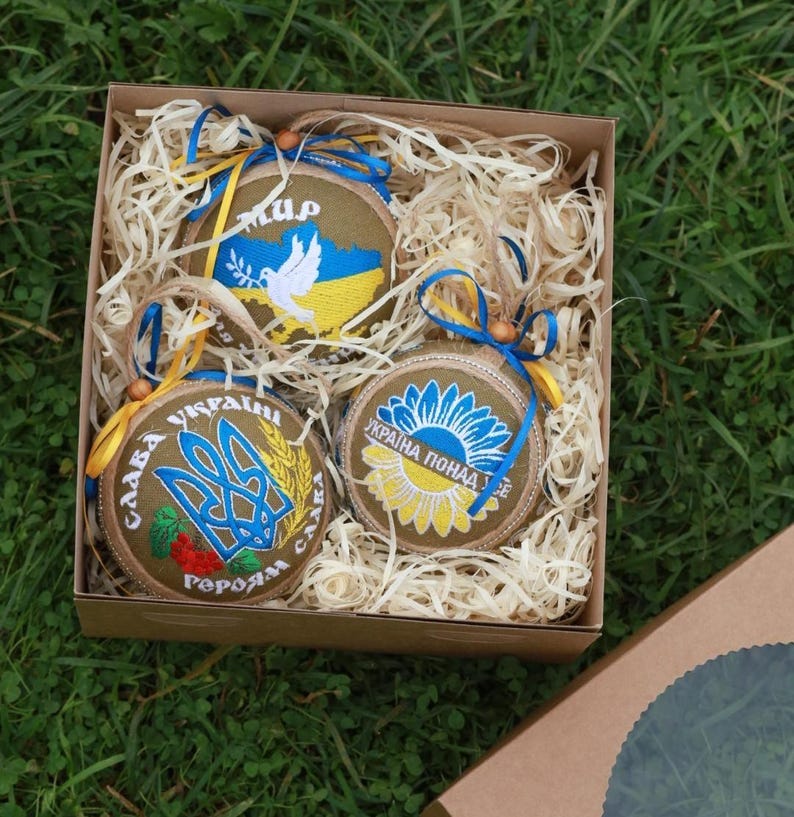 Ukrainian embroidered ornament set of 3, Blue yellow fabric ball baubles with jute hanger, Rustic gift box, Patriotic holiday decor