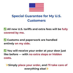 Op de afbeelding: Afbeelding met de Amerikaanse vlag en de tekst "Speciale garantie voor mijn Amerikaanse klanten". De tekst beschrijft de garantie, inclusief dekking van tarieven en kosten, afhandeling van douane en levering zonder extra kosten.