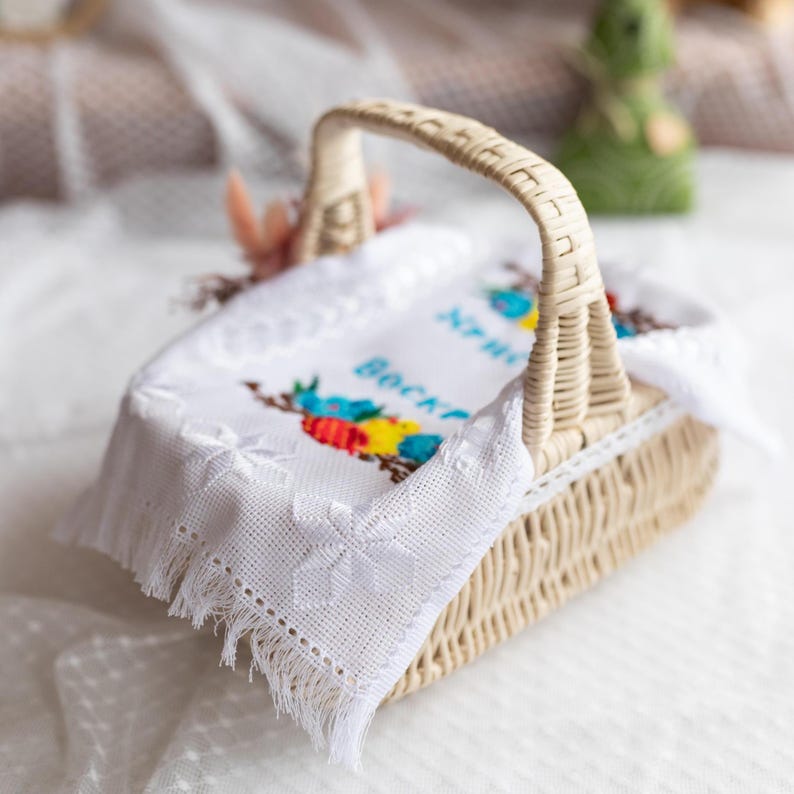 Orthodox Easter Basket Cover Towel, Cross Stitch Pascha Cloth with Христос Воскрес Text in Blue, Chicks Eggs and Flower, Fringed Embroidered
