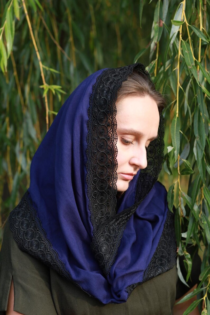 Lace shawl wrap navy blue head scarf for women with black floral lace trim – Mantilla church veil for prayer and spiritual events