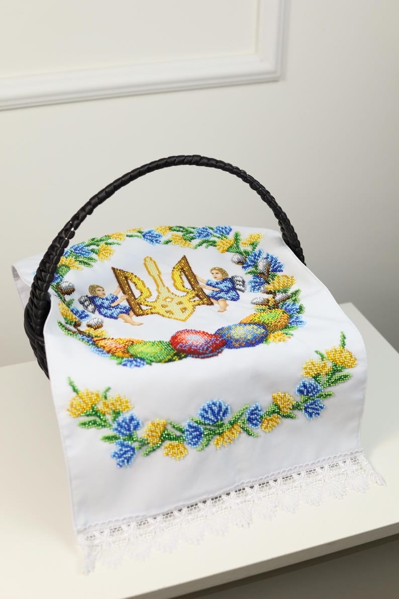 Ukrainian beaded Easter basket cover with trident & angels