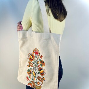 Embroidered Canvas Tote Bag with Folk Floral Design, Handmade Cotton Shopping Bag, Eco Friendly Everyday Tote